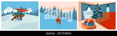 Hand drawn vector abstract stock graphic Merry Christmas and Happy New Year cartoon,illustration prints collection set with outdoor people sleigh Stock Vector