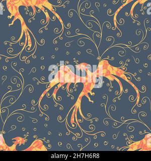 Seamless vector pattern with fire bird on blue background. Beautiful phoenix wallpaper design. Mythical fabric fashion. Stock Vector