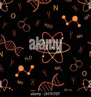 Seamless vector pattern with DNA and atoms on black background. Simple chemistry wallpaper design. Decorative science fashion textile. Stock Vector