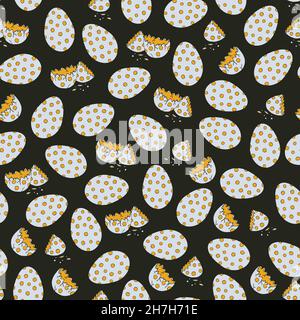 Seamless vector pattern with spotty eggs on black background. Cute broken eggshell wallpaper design. Easter fashion textile. Stock Vector