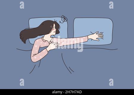 Feeling lonely and sadness concept. Young stressed woman lying in bed feeling alone with empty pillow nearby with no partner at home vector illustration  Stock Vector