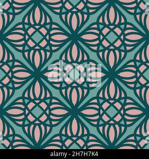 Seamless vector pattern with mandala texture on teal green background. Decorative Arabic mosaic wallpaper design. Celtic grid fashion textile. Stock Vector