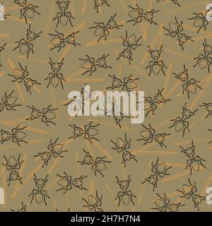 Seamless vector pattern with ants on light beige background. Simple ant nest wallpaper design. Outlined insect fashion textile. Stock Vector