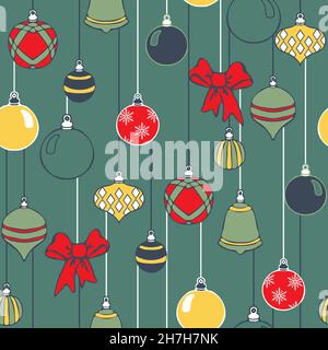 Seamless vector pattern with Christmas baubles on green background. Simple winter decoration wallpaper design. Festive fashion textile. Stock Vector