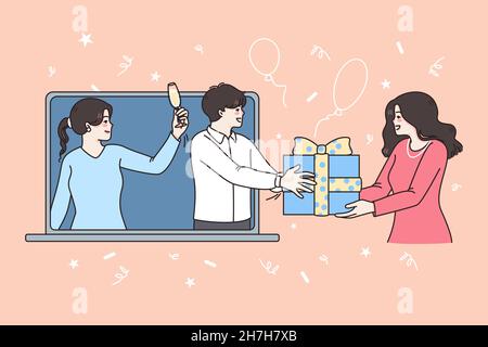 Online celebration and party concept. Smiling people holding champagne giving gifts for holiday online from laptop screen vector illustration  Stock Vector
