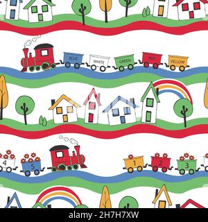 Seamless vector pattern with cartoon train on white background. Play toy children wallpaper design. Decorative playroom fashion textile. Stock Vector