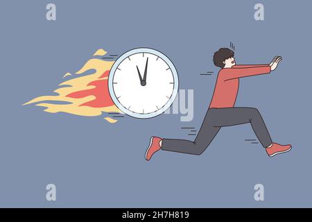 Deadline being hurry and time concept. Young stressed hurrying man worker running from flying alarm clock over blue background vector illustration  Stock Vector