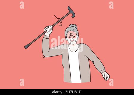 Anger of mature people concept. Furious old grey haired woman standing and holding club in raised hand over red background vector illustration  Stock Vector