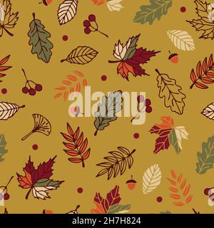 Seamless vector pattern with autumn leaves on green background. Simple seasonal wallpaper design. Decorative floral forest fashion textile. Stock Vector