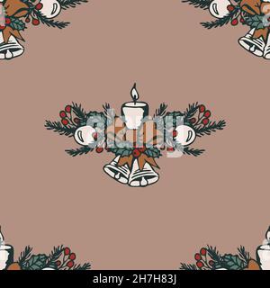 Seamless vector pattern with Christmas candle on beige background. Simple vintage winter wallpaper design. Decorative seasonal fashion textile. Stock Vector