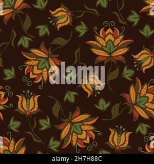 Seamless vector pattern with tropical flowers on brown background. Vintage floral wallpaper design. Embroidery fashion textile. Stock Vector