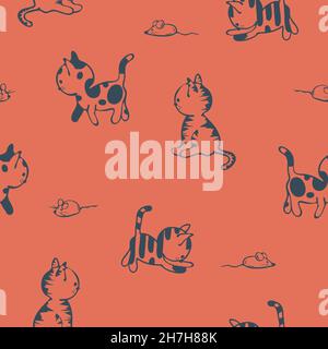 Seamless vector pattern with cute cat sketch on orange background. Simple happy kitten wallpaper design. Decorative animal fashion textile. Stock Vector