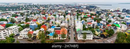 Aerial panoramic view of brightly colored houses in Reykjavik, Iceland Stock Photo