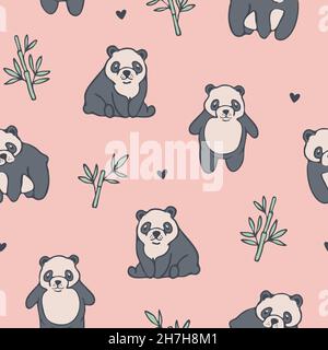 Seamless vector pattern with cute panda on pink background. Simple cartoon animal wallpaper design for children. Decorative baby shower fashion. Stock Vector