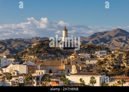 Spanish Church. Parish Church San Ramón Nonato and Watch Tower in Zurgena, Almanzora Valley, Almeria province, Andalucía, Spain Stock Photo