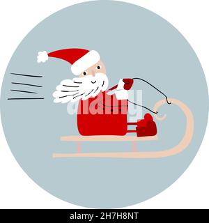 Cute vector Santa Claus riding in his Christmas Sleigh or Sled. Hand drawn doodle scandinavian baby illustration on blue round background Stock Vector