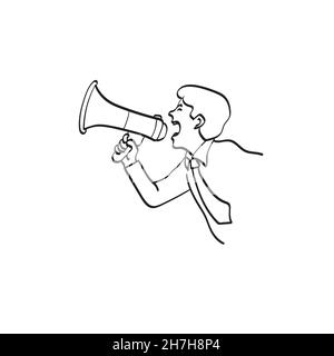 line art businessman shouting through megaphone illustration vector isolated on white background Stock Vector