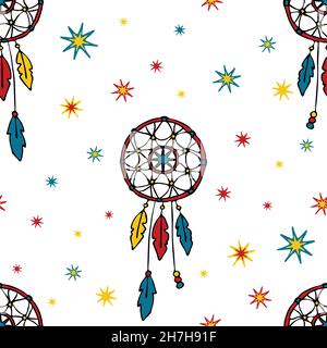 Seamless vector pattern with dream catcher on white background. Decorative wallpaper design for children. Gypsy fashion textile. Stock Vector