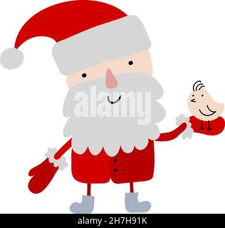Hand drawn vector illustration Santa Claus in red hat and bird. Merry Christmas Cool illustration for nursery t-shirt, kids apparel, invitation Stock Vector