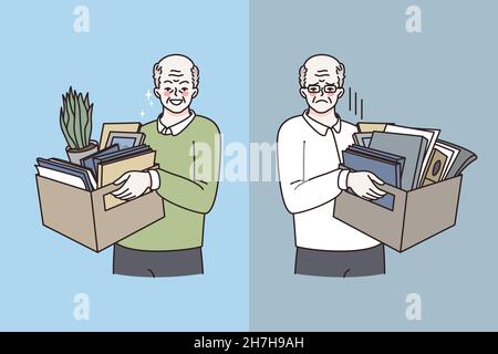 Hiring and firing process concept. Smiling happy hired man with belongings standing opposite sad disappointed fired one vector illustration  Stock Vector
