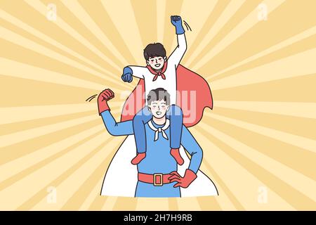 Happy childhood and fatherhood concept. Smiling man father in superhero costume standing and holding his son in red cape on shoulders vector illustration  Stock Vector