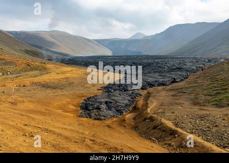 Flow of lava of Fagradalsfjall volcano in Iceland Stock Photo
