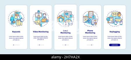 Types of employee monitoring onboarding mobile app page screen Stock Vector