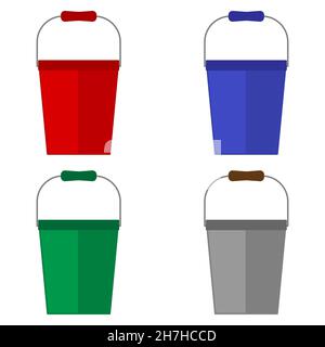 Gardening tools set of four buckets in different colours outline simple minimalistic flat design icon vector illustration isolated on white background Stock Vector