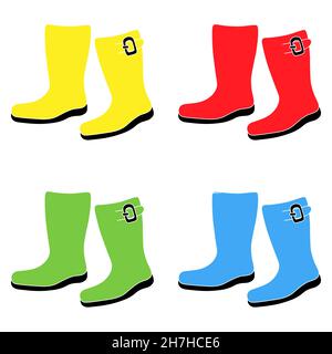 Gardening tools set of four pairs of gamboots in different colours outline simple minimalistic flat design icon vector illustration isolated on white Stock Vector