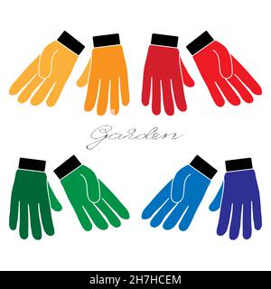 Gardening tools set of four pairs of garden gloves in different colours outline simple minimalistic flat design icon vector illustration isolated on w Stock Vector