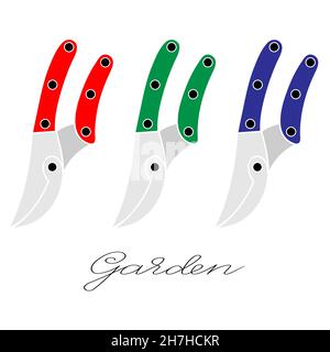 Gardening tools set of three pruners in different colours and lettering handdrawn word outline simple minimalistic flat design icon vector illustratio Stock Vector