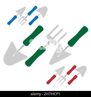 Gardening tools three sets of garden equipment in different colours outline simple minimalistic flat design icon vector illustration isolated on white Stock Vector