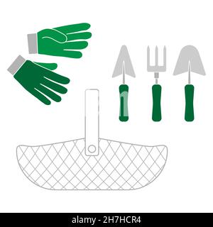Gardening tools set of equipment with gloves, trowels, handfork and basket outline simple minimalistic flat design icon vector illustration isolated o Stock Vector