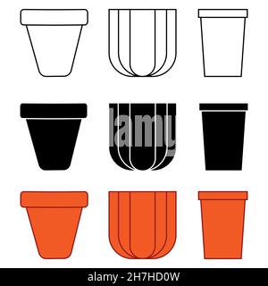 Gardening tools three sets of plant pots in line, negative and colour outline simple minimalistic flat design icon vector illustration isolated on whi Stock Vector