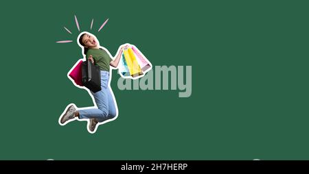 Creative, contemporary artwork of cheerful young woman jumping with shopping bags isolated over green background. Sales. Magazine style Stock Photo