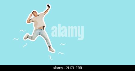 Contemporary art collage of excited joyful young man taking selfie with phone in motion isolated over blue background. Magazine style Stock Photo