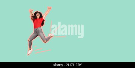 Contemporary art collage of young joyful beautiful girl cheerfully jumping isolated over green background. Drawn lines over body. Magazine style Stock Photo