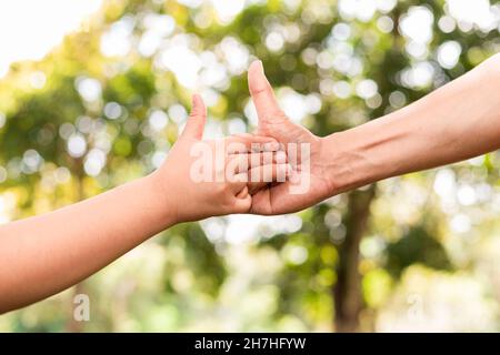 Father holding son's hand in a public garden Stock Photo