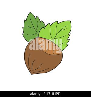 Simple cartoon icon. Cozy vector hazelnut. Colored hazelnut with leaves isolated on a white background. Vector hand drawn illustration Stock Vector
