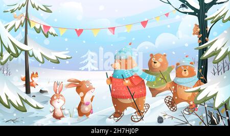 Cute cartoon animals meeting holiday in winter wreath Stock Vector Image &  Art - Alamy