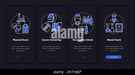 Physical examination components dark onboarding mobile app page screen Stock Vector