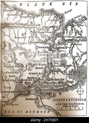 1896 map of Constantinople (Istanbul) & the Bosphorus Stock Photo