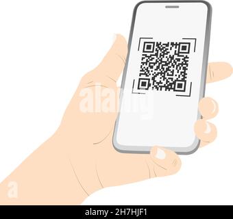 Qr with mobile code.Hand holding phone with barcode. Bar code. Vector stock illustration. Stock Vector