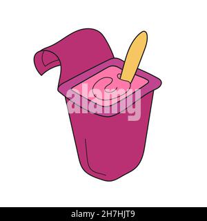Simple cartoon icon. Pink plastic packaging with yoghurt on white. Berry flavor Stock Vector