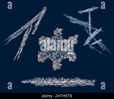 Real snowflakes at high magnification. Macro photo of small snow bubbly crystal, snowflake glowing on dark blue background, composition Stock Photo