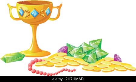 Gold cup with treasures. Golden coins and pile gemstones, heap diamonds, cartoon vector isolated on white background Stock Vector