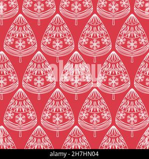 White christmas tree on red background, cute christmas decoration seamless pattern Stock Vector