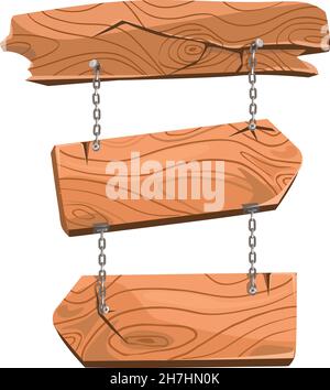 Hang signboards. Wooden arrows vector signs on chains isolated on white background Stock Vector