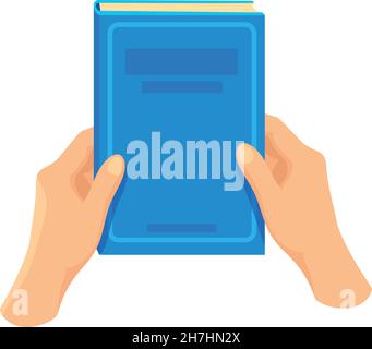 Hands holding textbook. Student hold closed blue school book literature, flat icon cartoon vector illustration isolated on white background Stock Vector