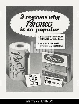 A 1950s advert for Bronco toilet paper. The advert appeared in a magazine published in the UK in November 1955. The advert shows both the rolls and a pack(et) version of the hard paper and explains that this popular hard type of paper was both economical and hygienic. The British Patent Perforated Paper Company began producing toilet paper in the 1890s. It was not until the late 1920s that soft tissue paper became economically viable. The softer type gradually overtook the hard papers like Izal and Bronco. Bronco was last sold in 1989 – vintage 1950s graphics for editorial use. Stock Photo